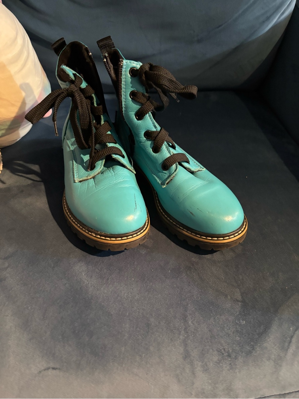 Women's Turquoise Lace-Up Leather Boots with Chunky Sole